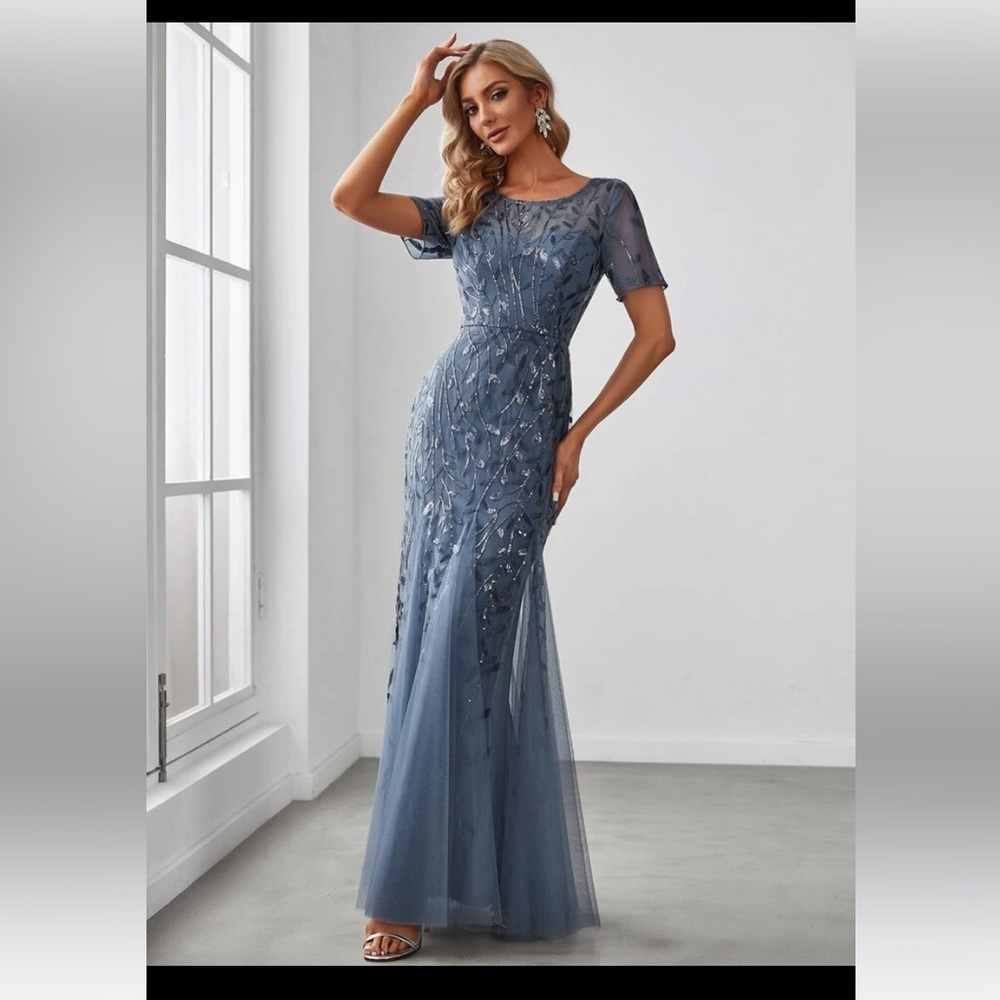 Sequin Leaf Mesh Overlay Mermaid Evening Gown *NWOT*